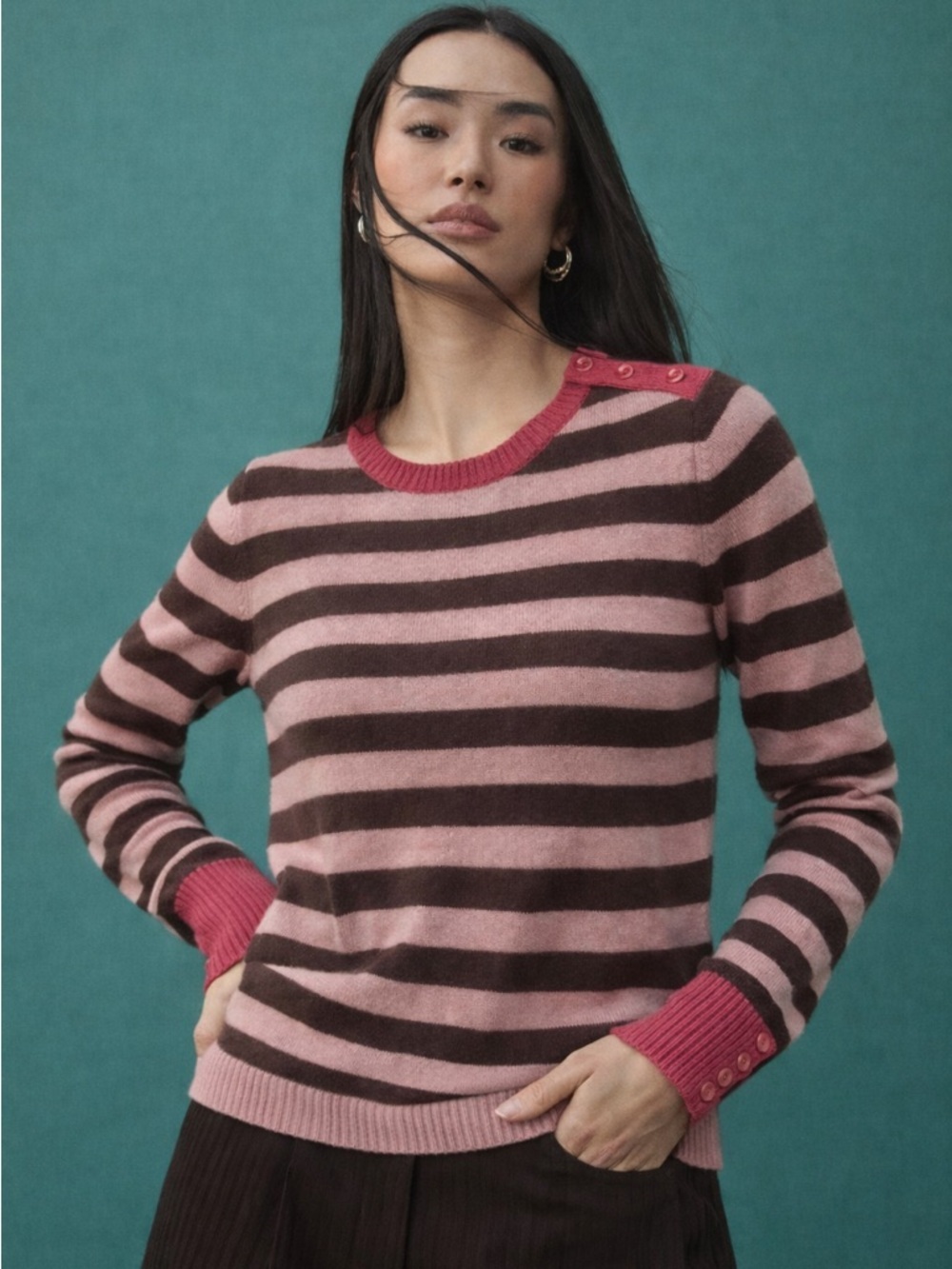 Beth Bowley Cashmere Striped Crewneck Sweater Small Petite Pink Brown